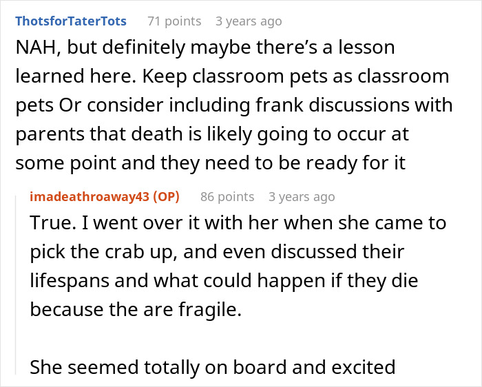 Reddit discussion text about a teacher giving kids hermit crabs as pets and facing backlash after one dies. Reddit discussion text about a teacher giving kids hermit crabs as pets and facing backlash after one dies.