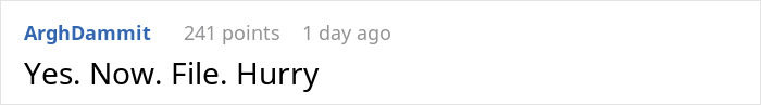 Screenshot of a forum comment with the text Yes. Now. File. Hurry, expressing urgency about a woman rethinking her marriage after a disturbing confession. Screenshot of a forum comment with the text Yes. Now. File. Hurry, expressing urgency about a woman rethinking her marriage after a disturbing confession.