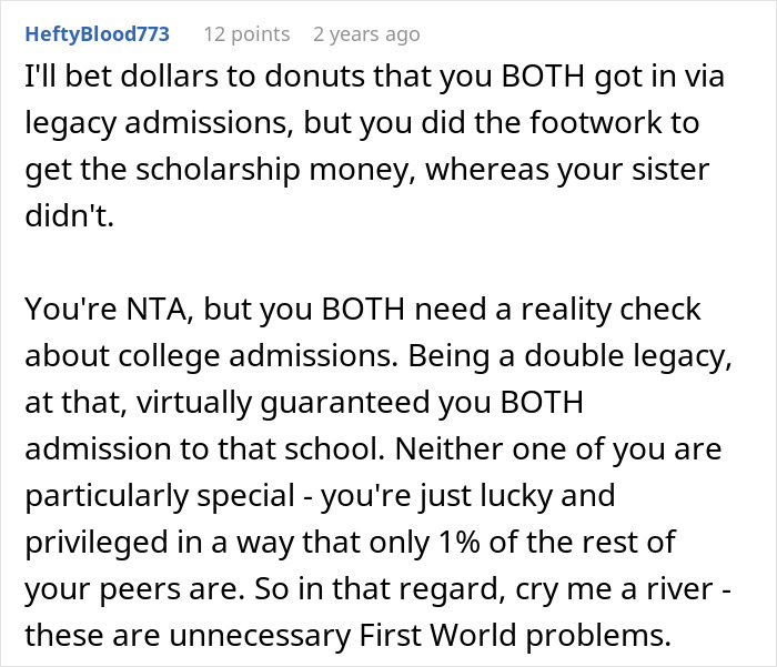 Comment discussing legacy admissions and the reality check for a golden child after sister's college acceptance. Comment discussing legacy admissions and the reality check for a golden child after sister's college acceptance.