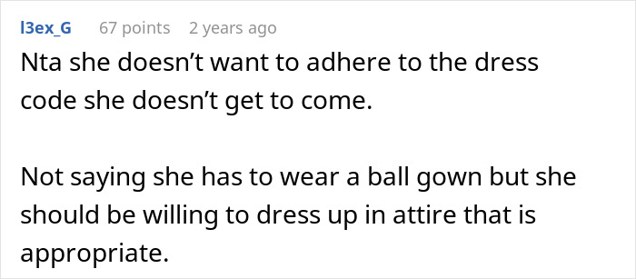 Screenshot of a Reddit comment discussing exclusion from an extravagant ball due to dress code and aesthetic concerns.