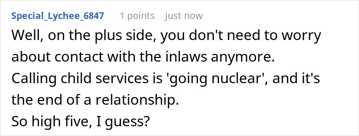 Screenshot of a Reddit comment discussing a couple banning toxic in-laws and the in-laws calling CPS in retaliation. Screenshot of a Reddit comment discussing a couple banning toxic in-laws and the in-laws calling CPS in retaliation.