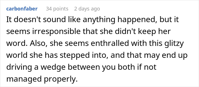 Screenshot of a comment discussing a woman going to a gala with her client as his date, causing relationship tension. Screenshot of a comment discussing a woman going to a gala with her client as his date, causing relationship tension.