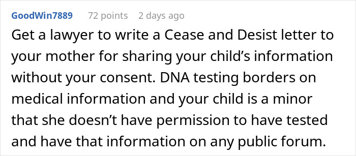 Comment discussing legal advice on stopping a mother from sharing child’s DNA test info without consent, highlighting ancestry test issues.