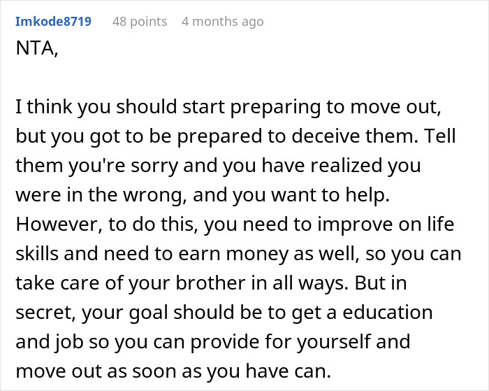 Reddit comment advising preparation, life skills, and independence while caring for a disabled brother in a family situation. Reddit comment advising preparation, life skills, and independence while caring for a disabled brother in a family situation.
