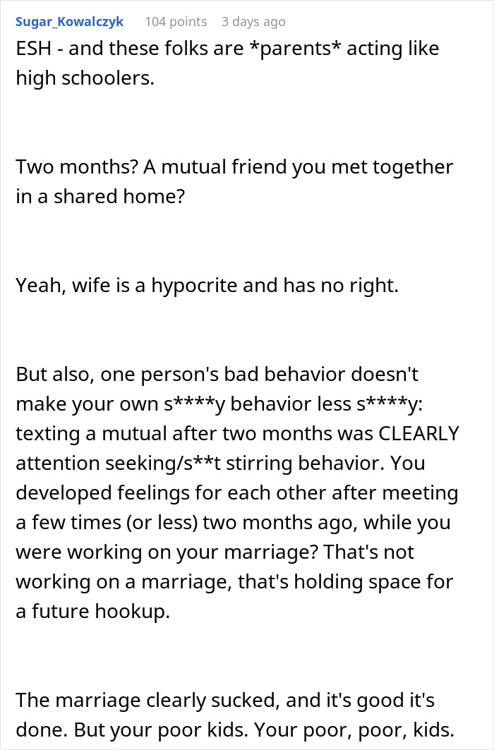 Comment discussing wife cheats and new life with lover while criticizing husband for dating again after divorce. Comment discussing wife cheats and new life with lover while criticizing husband for dating again after divorce.