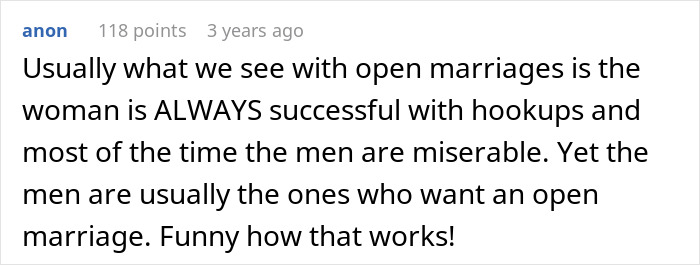 Comment discussing open marriage dynamics where women succeed with hookups and men often feel miserable.