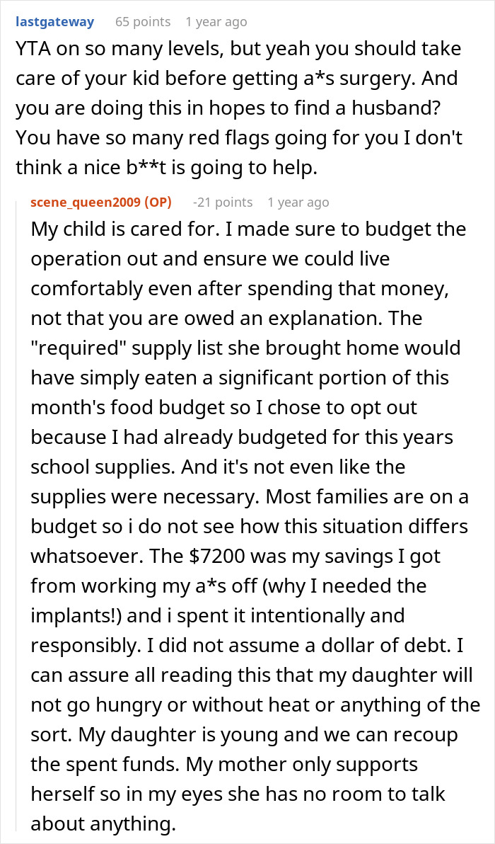 Reddit conversation showing a single mom discussing budget and plastic surgery expenses while expecting support. Reddit conversation showing a single mom discussing budget and plastic surgery expenses while expecting support.