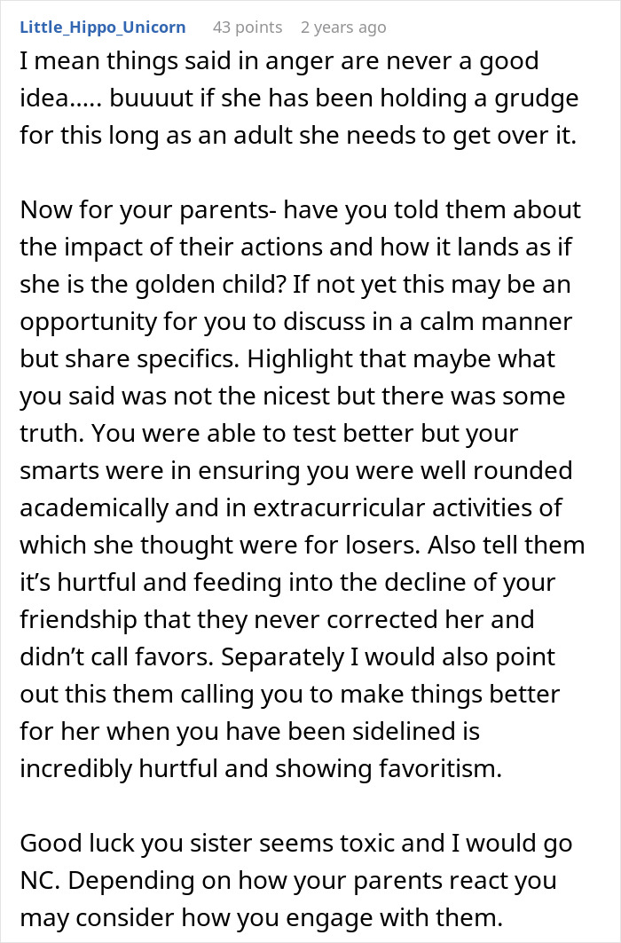 Comment discussing the golden child getting a reality check after sister's college acceptance and family dynamics. Comment discussing the golden child getting a reality check after sister's college acceptance and family dynamics.
