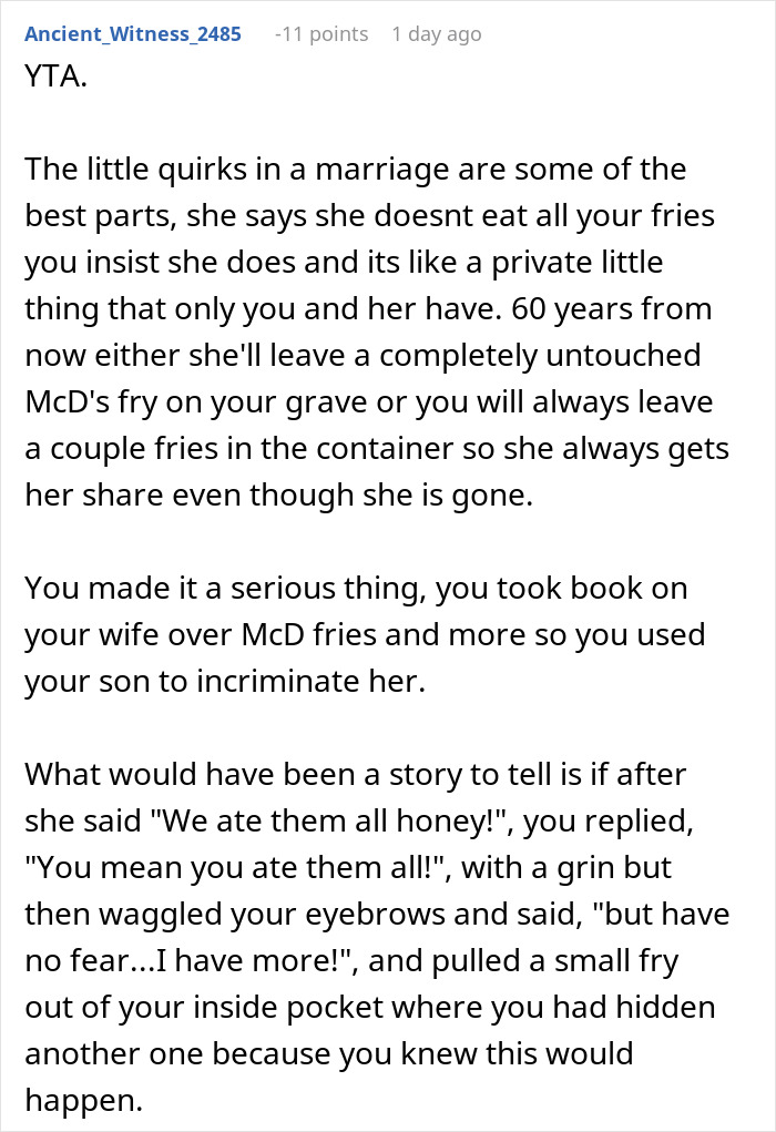 Man films wife secretly to prove she eats his fries causing family drama over McDonald's fries dispute.