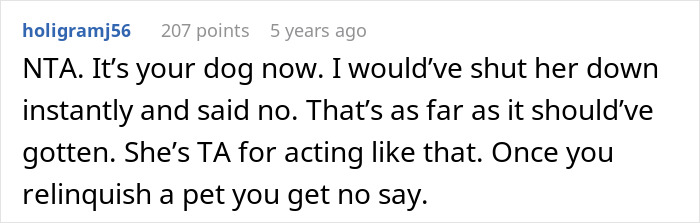 Woman adopts dog and faces harassment from previous owners over name, food, and vet changes after adoption.