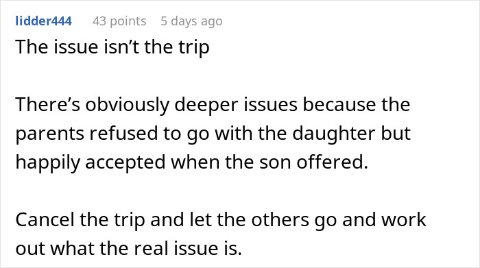 Screenshot of an online comment discussing family issues related to a separate drive to Disneyland trip. Screenshot of an online comment discussing family issues related to a separate drive to Disneyland trip.