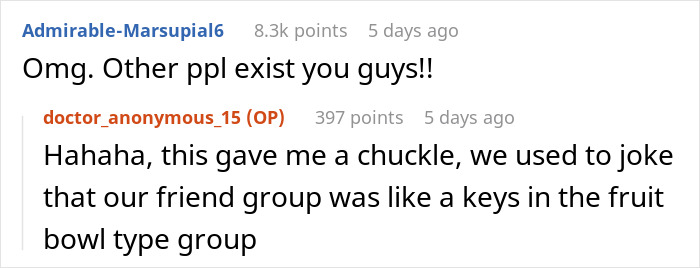 Reddit conversation showing user reacting humorously about a friend group, related to ex-wife cheating and best man fears.