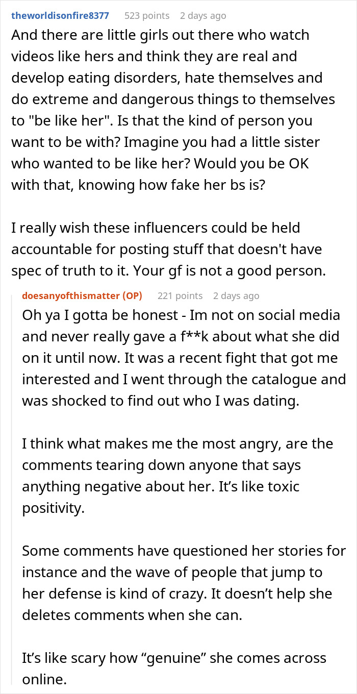 Reddit user criticizing a gym influencer for online lies and the impact on her boyfriend and followers. Reddit user criticizing a gym influencer for online lies and the impact on her boyfriend and followers.