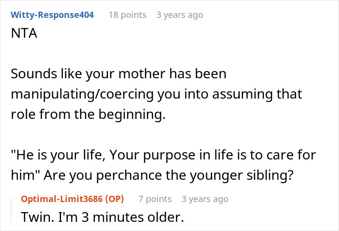 Commenter explaining coercion by mother to refuse living with disabled sibling and questioning sibling responsibility roles online. Commenter explaining coercion by mother to refuse living with disabled sibling and questioning sibling responsibility roles online.