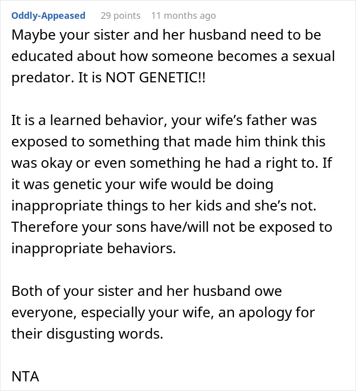 Reddit comment explaining why someone’s theory about sexual predators being genetic is wrong, causing family conflict.