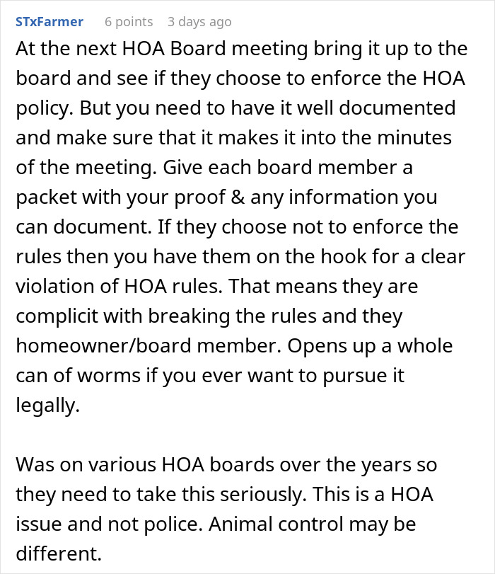 Comment advising to document pet ownership rule violations for HOA board enforcement, highlighting HOA board member responsibility. Comment advising to document pet ownership rule violations for HOA board enforcement, highlighting HOA board member responsibility.