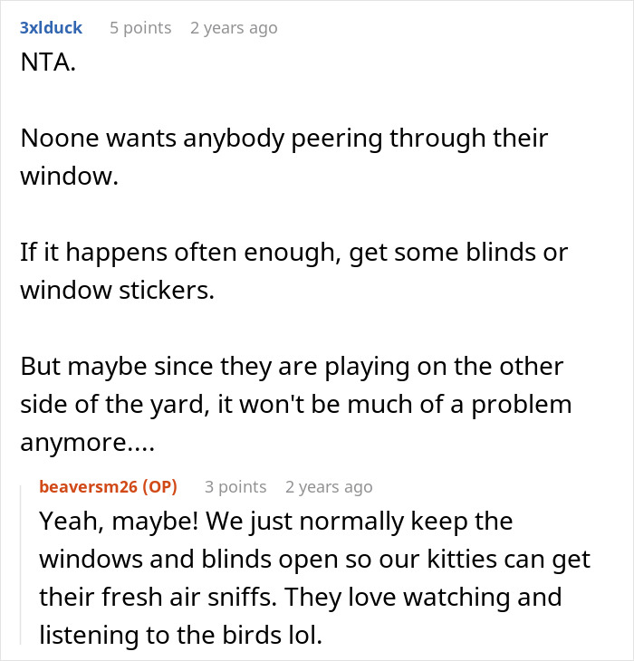 Reddit comments discussing privacy concerns about kids peeking through windows and suggestions for blinds or window stickers. Reddit comments discussing privacy concerns about kids peeking through windows and suggestions for blinds or window stickers.