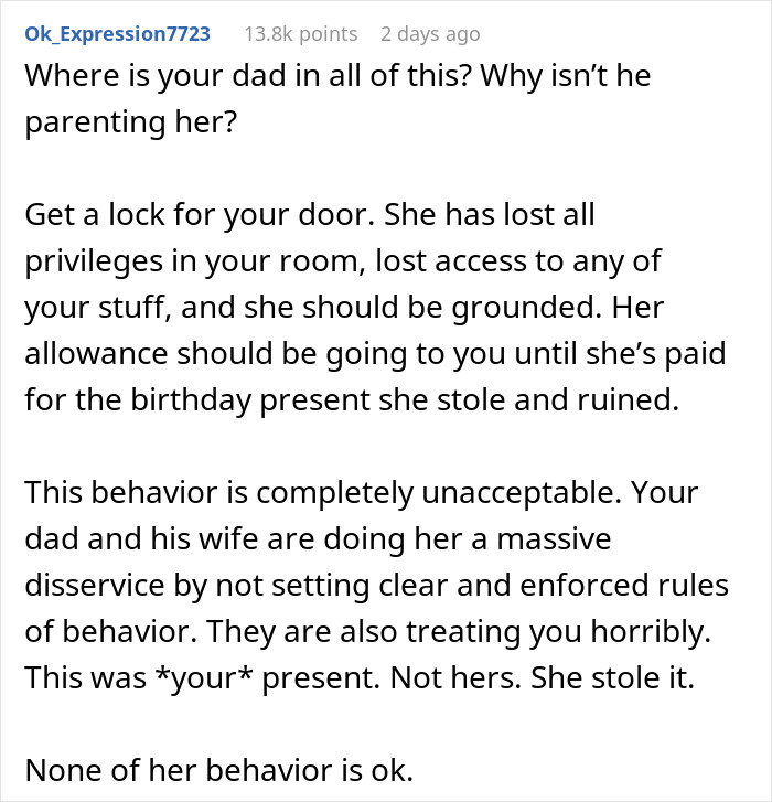 Comment discussing stepsister using gifts without permission, suggesting grounding and setting boundaries for unacceptable behavior.
