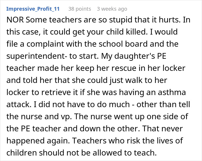 Comment discussing dangers of teachers banning diabetic kids from glucose checks and parents’ frustration with school rules.