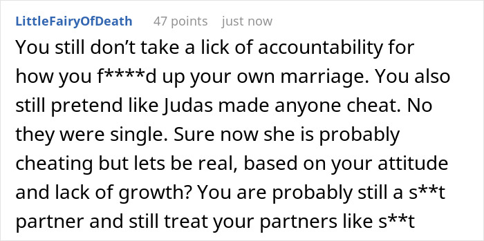 Screenshot of a Reddit comment discussing accountability and cheating, relating to a guy fearing his best man is after his girlfriend.