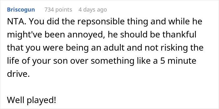 Screenshot of a forum comment discussing a mom refusing to drive drunk to pick up her 4YO child for safety reasons.