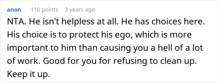 Screenshot of a Reddit comment discussing a wife cleaning the bed repeatedly and standing up as husband refuses diapers or catheter. Screenshot of a Reddit comment discussing a wife cleaning the bed repeatedly and standing up as husband refuses diapers or catheter.