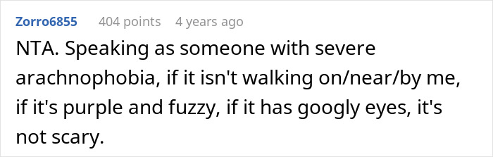 Comment highlighting severe arachnophobia but saying purple fuzzy spider with googly eyes is not scary in Halloween decor debate.