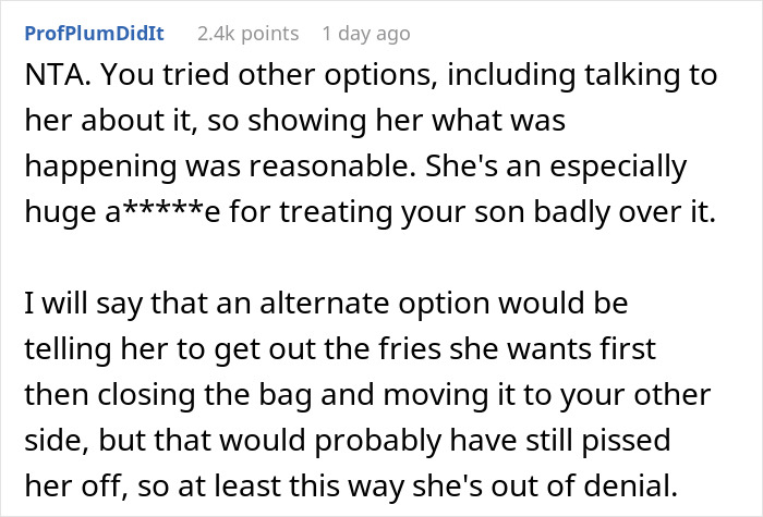 Screenshot of a Reddit comment discussing family drama after a man films his wife secretly to prove she eats his fries.