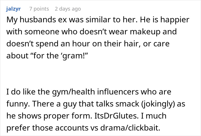 Text excerpt discussing gym influencers and preferences for genuine content over drama, mentioning a gym influencer who lies online. Text excerpt discussing gym influencers and preferences for genuine content over drama, mentioning a gym influencer who lies online.
