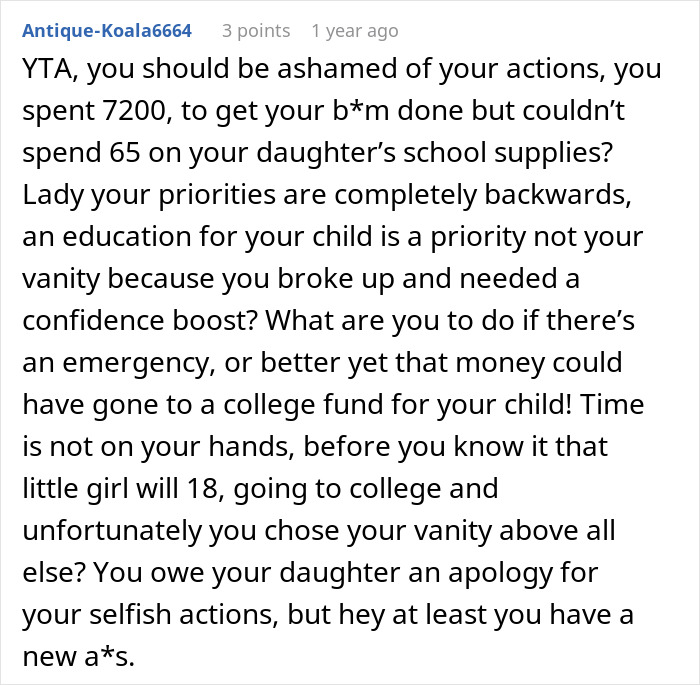 Comment criticizing a single mom’s spending on plastic surgery instead of her child’s education, highlighting misplaced priorities. Comment criticizing a single mom’s spending on plastic surgery instead of her child’s education, highlighting misplaced priorities.