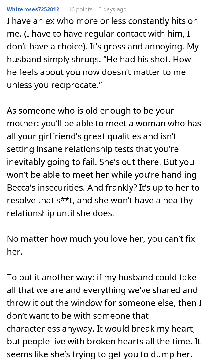 Screenshot of an online comment discussing relationship loyalty tests and rethinking trust after a girlfriend’s loyalty test.