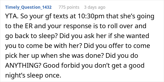 Online comment criticizing someone for refusing to visit girlfriend in hospital after ER text late at night.