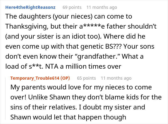 Reddit conversation showing a man banned from Thanksgiving after upsetting BIL's wife with his controversial theory.
