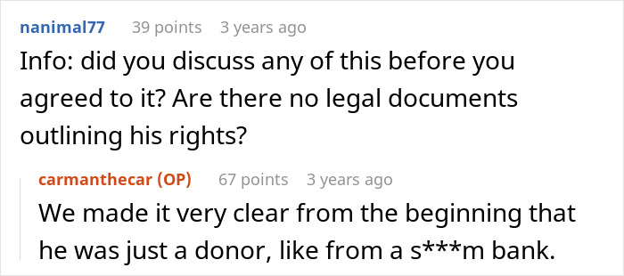 Reddit user discusses legal rights and donor status after guy helps sister-in-law conceive using IVF. Reddit user discusses legal rights and donor status after guy helps sister-in-law conceive using IVF.