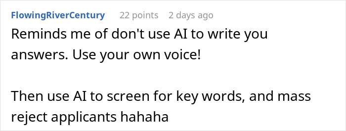 Comment about using AI-scored job interview real-time to screen answers and reject applicants with AI. Comment about using AI-scored job interview real-time to screen answers and reject applicants with AI.