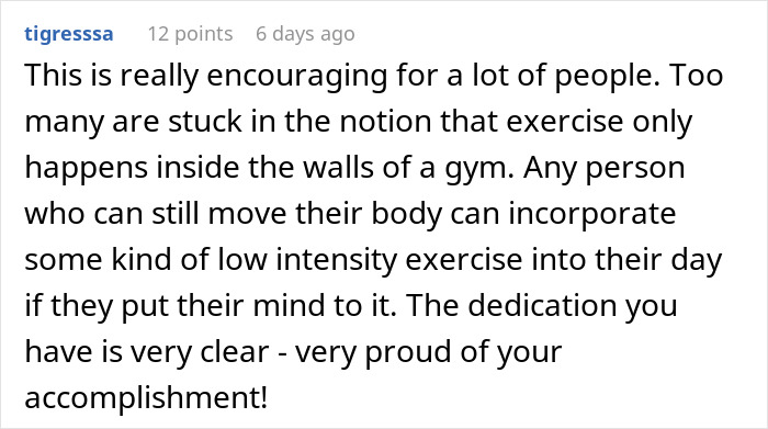 Comment expressing encouragement about exercise and praising dedication, related to woman’s Costco weight loss journey. Comment expressing encouragement about exercise and praising dedication, related to woman’s Costco weight loss journey.