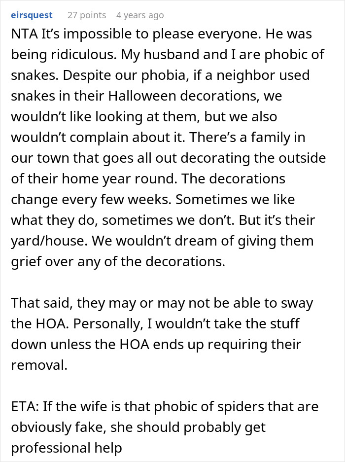 Comment explaining a neighbor threatening a couple over their Halloween decorations due to differing opinions.