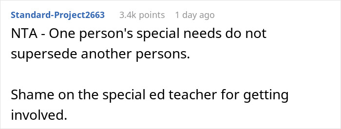 Screenshot of a Reddit comment discussing special needs, highlighting a mom standing her ground over autistic student demands. Screenshot of a Reddit comment discussing special needs, highlighting a mom standing her ground over autistic student demands.