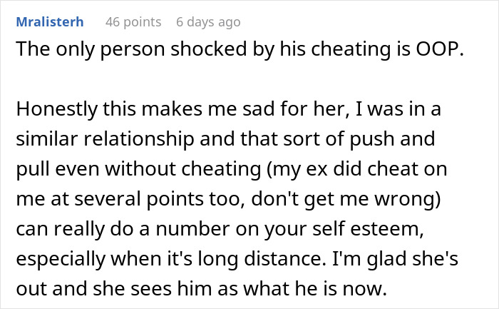 Screenshot of a forum comment discussing emotional impact in a relationship break every year involving cheating and self-esteem issues.