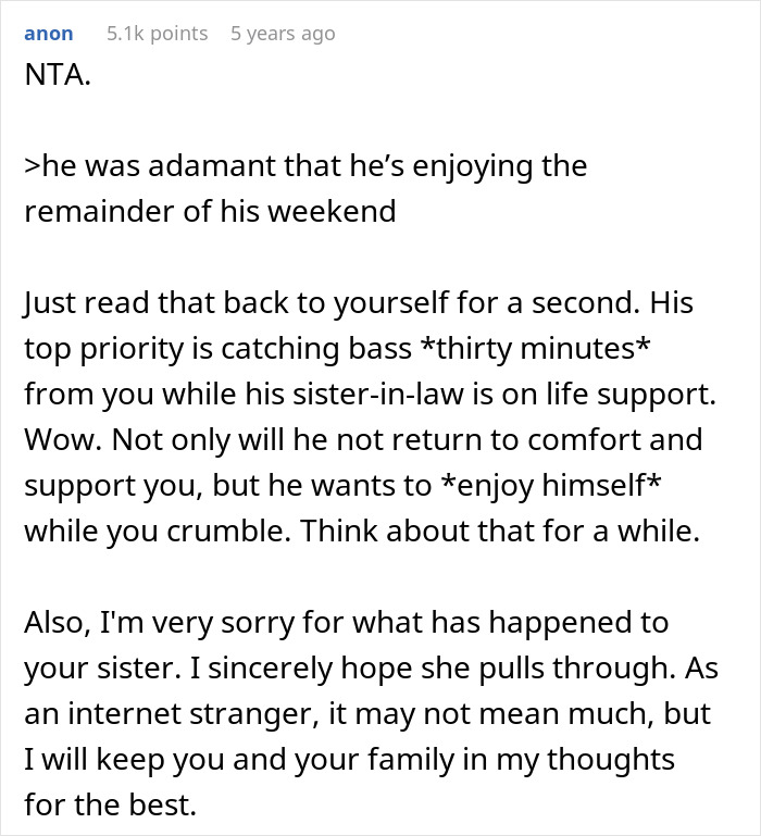 Text from online forum post about a guy using boys trip as a disguise for affair, refusing to come home during family emergency. Text from online forum post about a guy using boys trip as a disguise for affair, refusing to come home during family emergency.