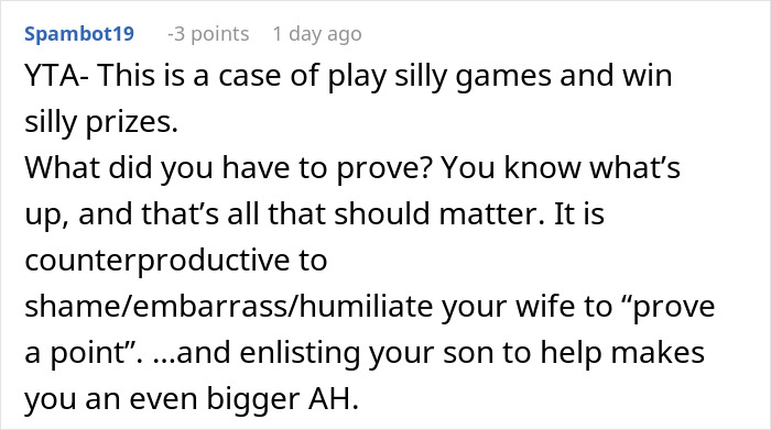 Comment about man filming wife secretly to prove she eats his fries causing family drama in online discussion.