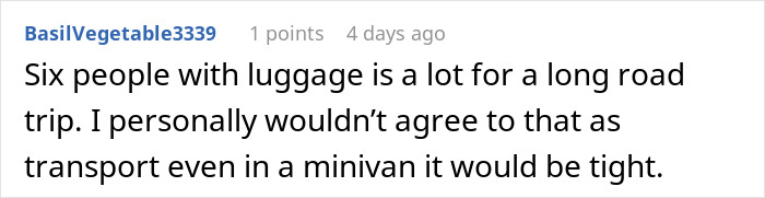 Comment discussing the difficulty of fitting six people with luggage in one vehicle on a family separate drive Disneyland trip. Comment discussing the difficulty of fitting six people with luggage in one vehicle on a family separate drive Disneyland trip.