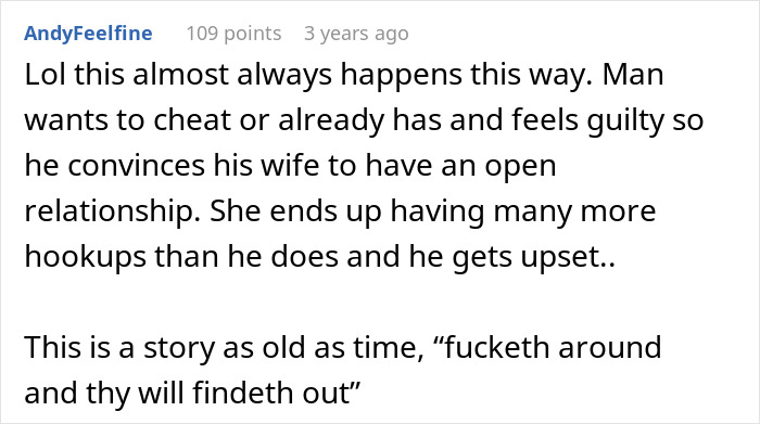Comment discussing regrets in an open marriage where a 41-year-old man forces his 39-year-old wife into it. Comment discussing regrets in an open marriage where a 41-year-old man forces his 39-year-old wife into it.