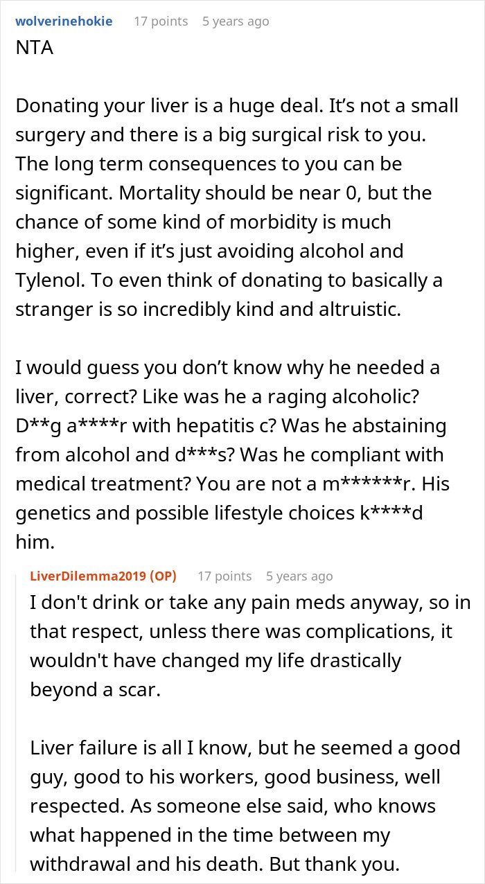 Online discussion about refusing to donate liver risks and a lawsuit involving liver donation consequences and personal choices