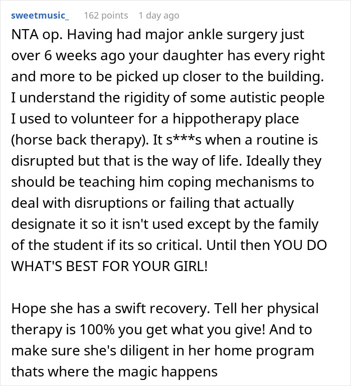 Comment discussing a mom standing her ground on autistic student’s needs versus her injured child’s care. Comment discussing a mom standing her ground on autistic student’s needs versus her injured child’s care.