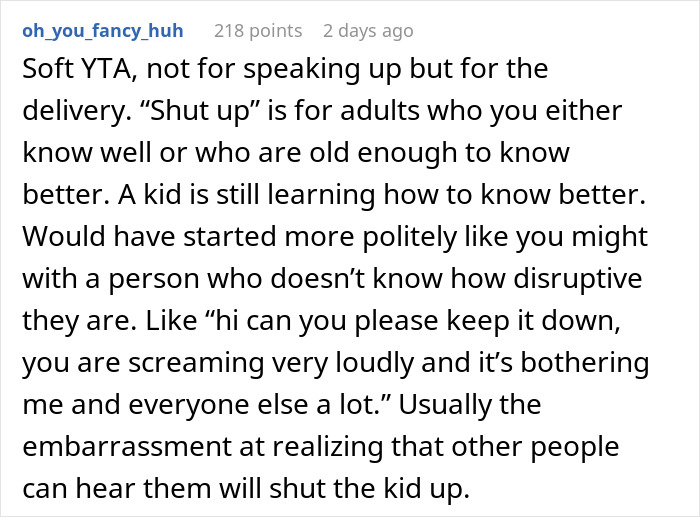 Reddit comment discussing a man telling a disruptive kid on a plane to be quiet, upsetting the mom. Reddit comment discussing a man telling a disruptive kid on a plane to be quiet, upsetting the mom.