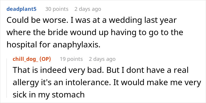 Comment thread discussing a bride's allergy at a wedding where vendors left her without cupcakes. Comment thread discussing a bride's allergy at a wedding where vendors left her without cupcakes.