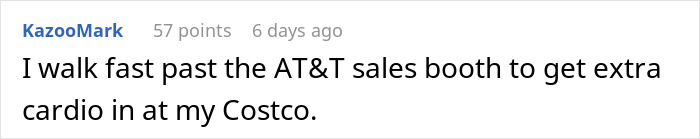 Comment text from user KazooMark describing walking fast past AT&T sales booth to get extra cardio at Costco, related to weight loss journey. Comment text from user KazooMark describing walking fast past AT&T sales booth to get extra cardio at Costco, related to weight loss journey.