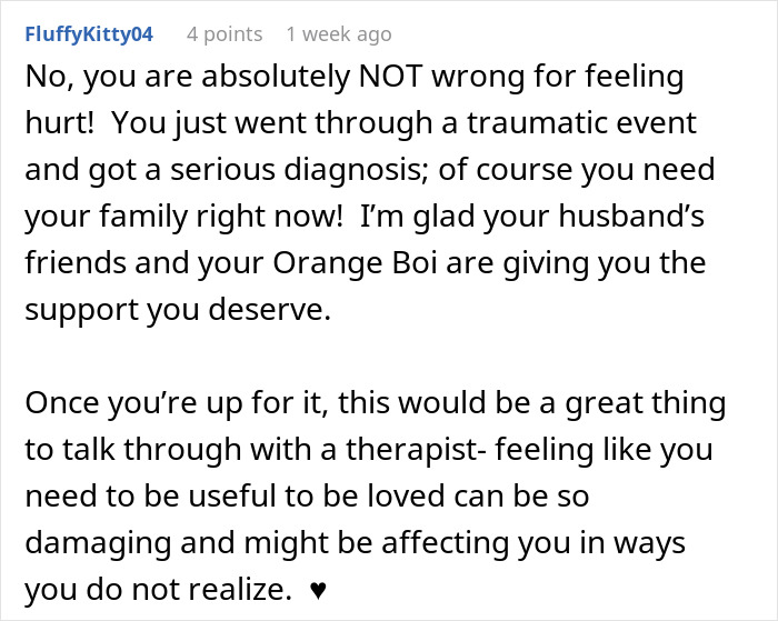 Screenshot of a supportive online comment addressing lack of support for a woman with two kids after surgery. Screenshot of a supportive online comment addressing lack of support for a woman with two kids after surgery.