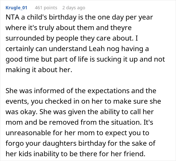 Reddit comment discussing a 12-year-old ruining friend’s birthday and causing drama between moms. Reddit comment discussing a 12-year-old ruining friend’s birthday and causing drama between moms.